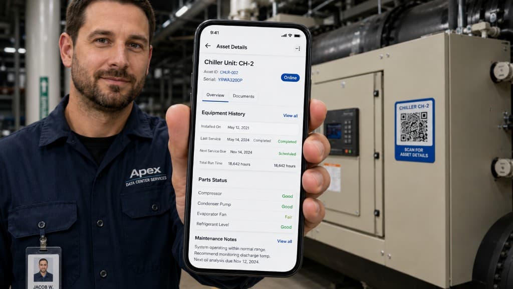 Field technician scanning a chiller QR code to view Asset Details, equipment history, and parts status in the Kasper mobile app